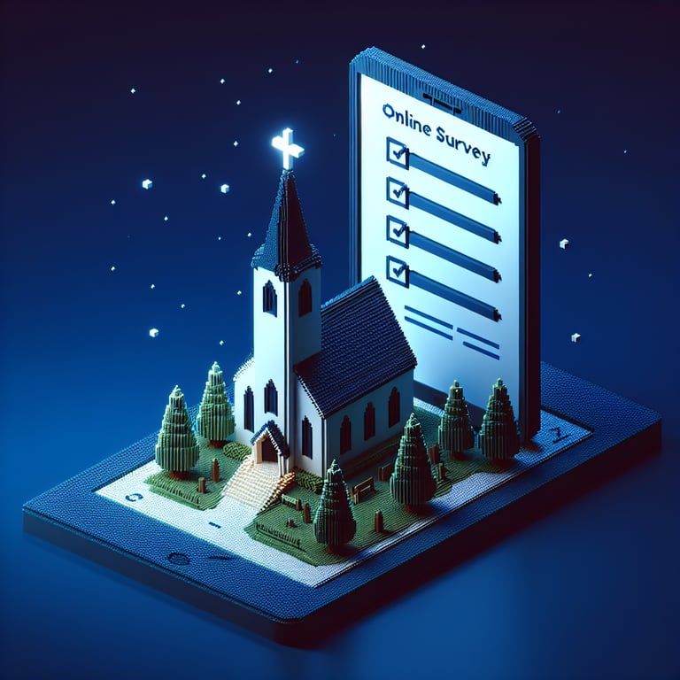 3D voxel art depicting online church surveys against a dark blue background.