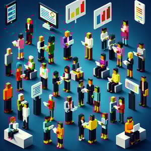 3D voxel art depicting online demographic surveys, with a dark blue background.