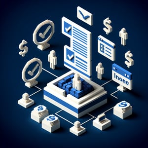 3D voxel art depicting online income surveys with engaging elements on a dark blue background.