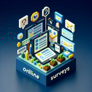 3D voxel art illustrating online surveys on dark blue background, symbolizing common core survey questions.