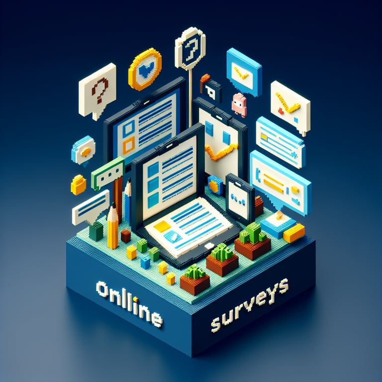 3D voxel art illustrating online surveys on dark blue background, symbolizing common core survey questions.