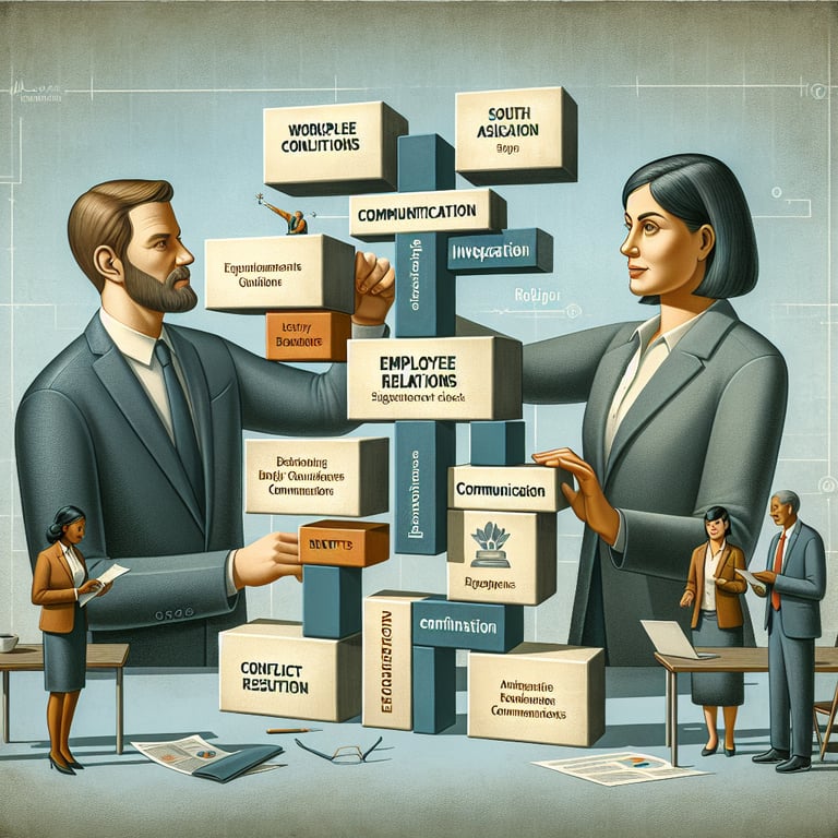 Illustration showing vital Employee Relations survey questions topics for effective construction.