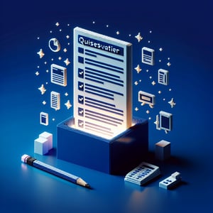 3D voxel art depicting online surveys and questions on a dark blue background.