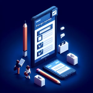 3D voxel art depicting online surveys, set against a dark blue background, representing first gen surveys.