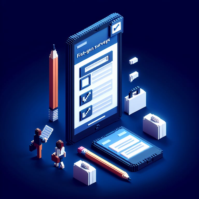 3D voxel art depicting online surveys, set against a dark blue background, representing first gen surveys.