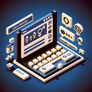 3D voxel art depicting the concept of online gender equality surveys on a dark blue background.