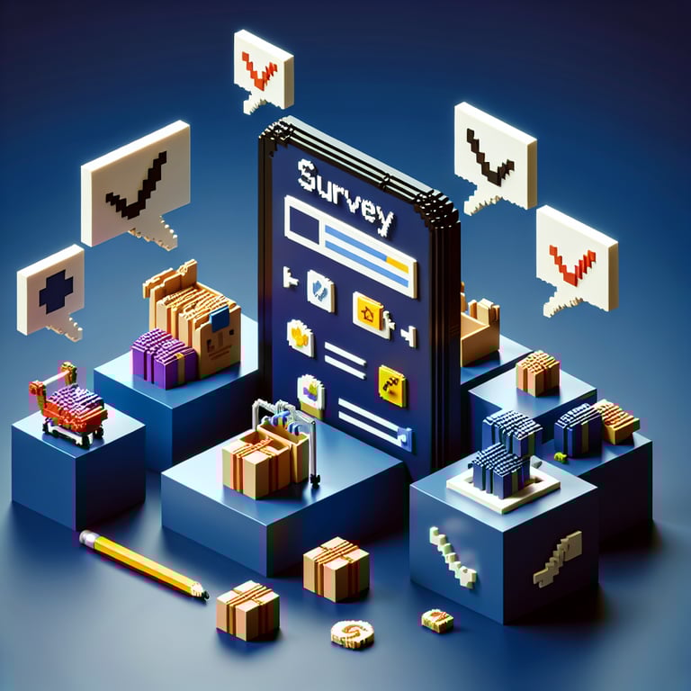3D voxel art depicting online surveys, symbolizing m commerce survey questions on a dark blue background.