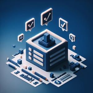 3D voxel art depicting online identity surveys with engaging elements on a dark blue background.