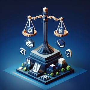 3D voxel art depicting online fairness surveys on a dark blue background.
