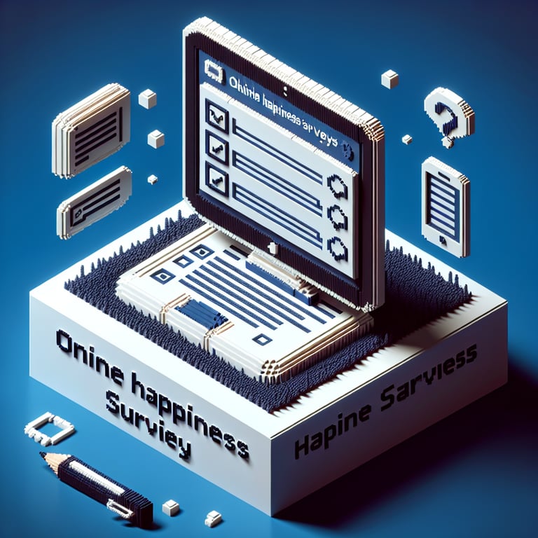 3D voxel art depicting online happiness surveys on a dark blue background.