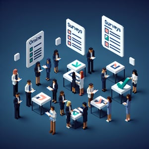 3D voxel art depicting online HR survey process on a dark blue background.