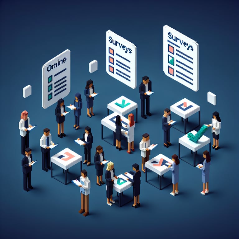 Artistic 3D voxel illustrating employee feedback gathering in an HR survey