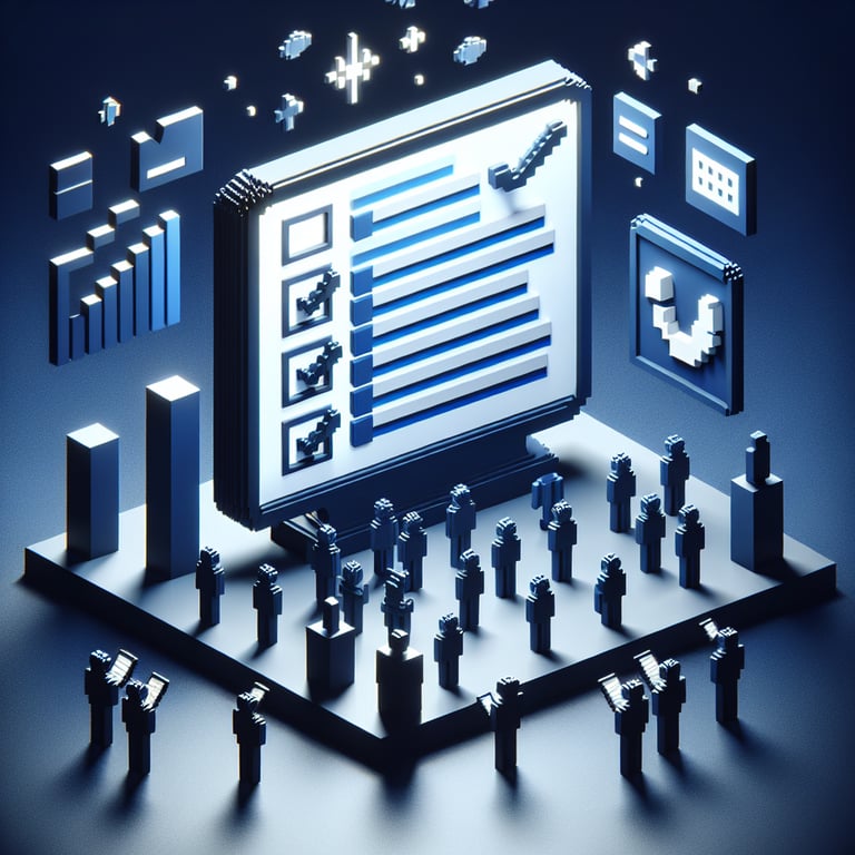 3D voxel art illustrating online enterprise risk management surveys on a dark blue background.