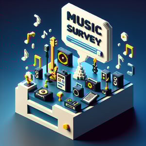 3D voxel art of a computer and headphones, symbolizing online music surveys, on a dark blue background.