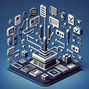 3D voxel art depicting online product quality surveys, set against a dark blue background.