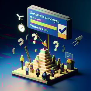 3D voxel art depicting online surveys, symbolizing the concept of senseless list survey questions on a dark blue background.