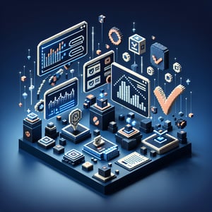 3D voxel art depicting the concept of online chip surveys on a dark blue background.