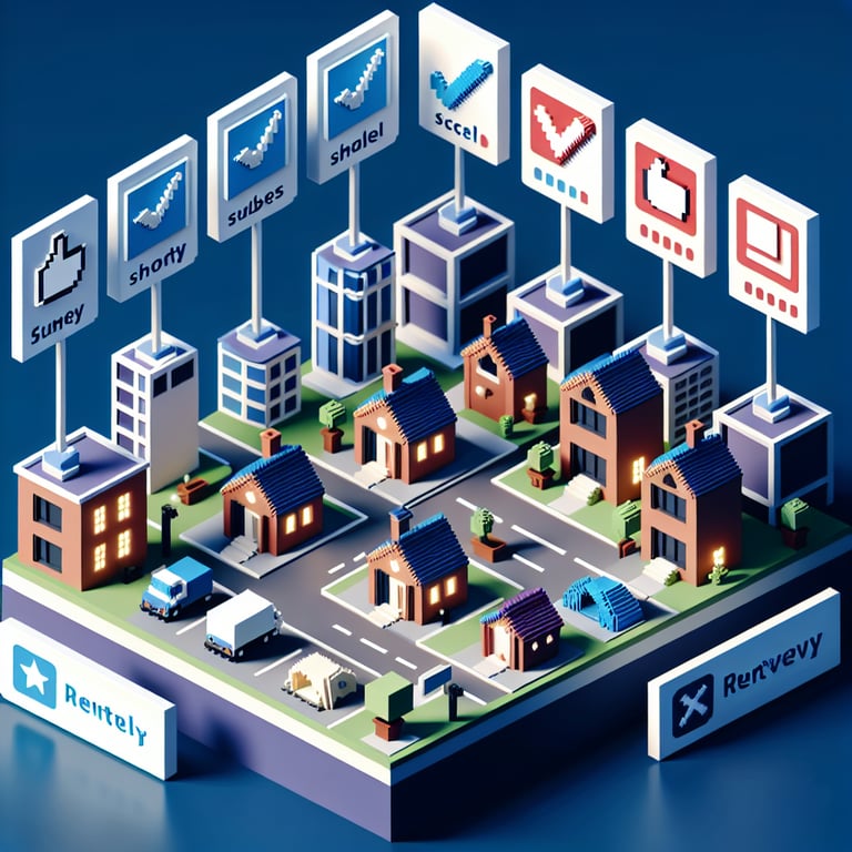 3D voxel art depicting online facility rental survey process on a dark blue background.