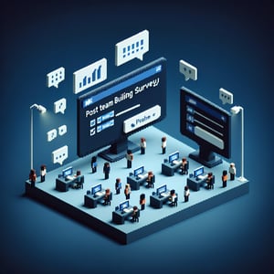 3D voxel art portraying online surveys, symbolizing post team building survey questions on a dark blue backdrop.