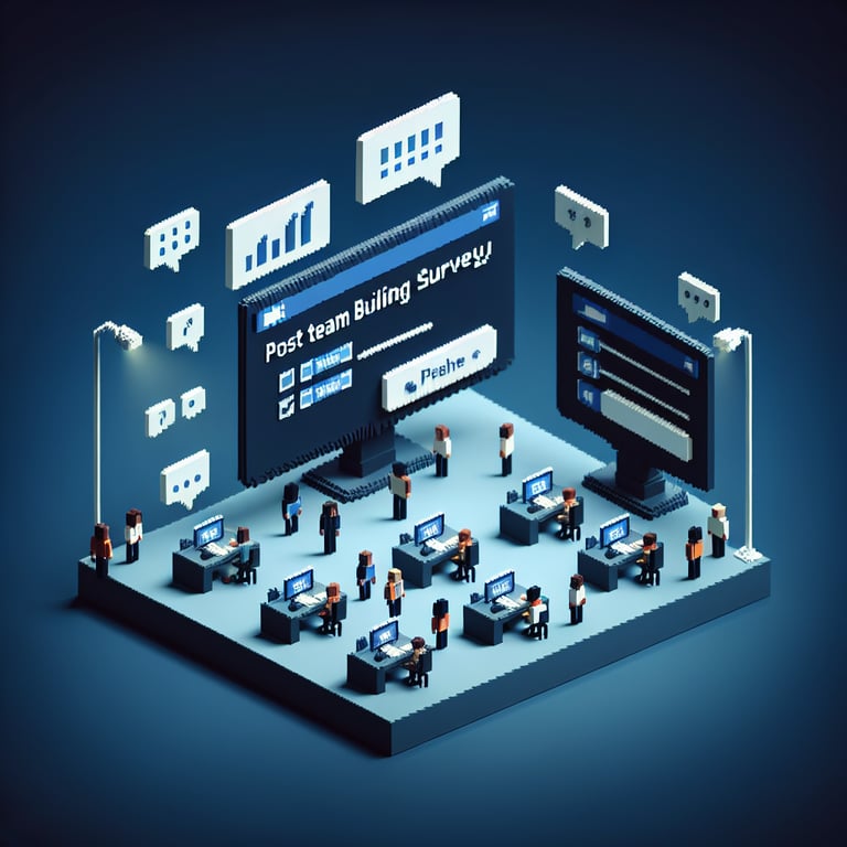 3D voxel art portraying online surveys, symbolizing post team building survey questions on a dark blue backdrop.