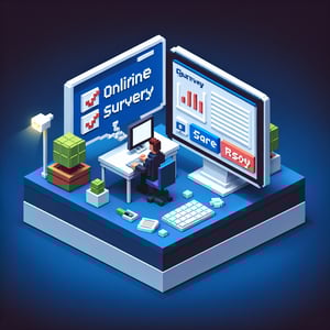 3D voxel art illustrating the concept of online employee recognition surveys on a dark blue background.