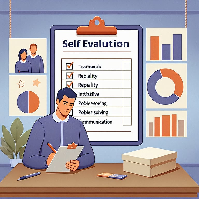 Illustration depicting relevant topics for crafting effective Self Evaluation survey questions.