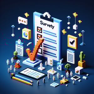 3D voxel art depicting online quality of life surveys on a dark blue background.