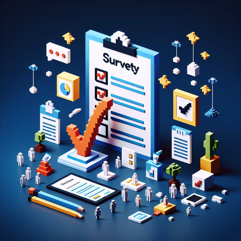3D voxel art depicting online quality of life surveys on a dark blue background.