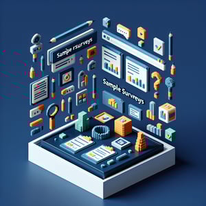 3D voxel art depicting the concept of online research surveys on a dark blue background.