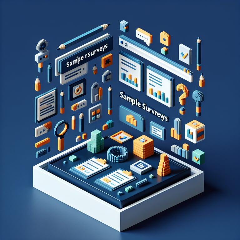 3D voxel art depicting the concept of online research surveys on a dark blue background.