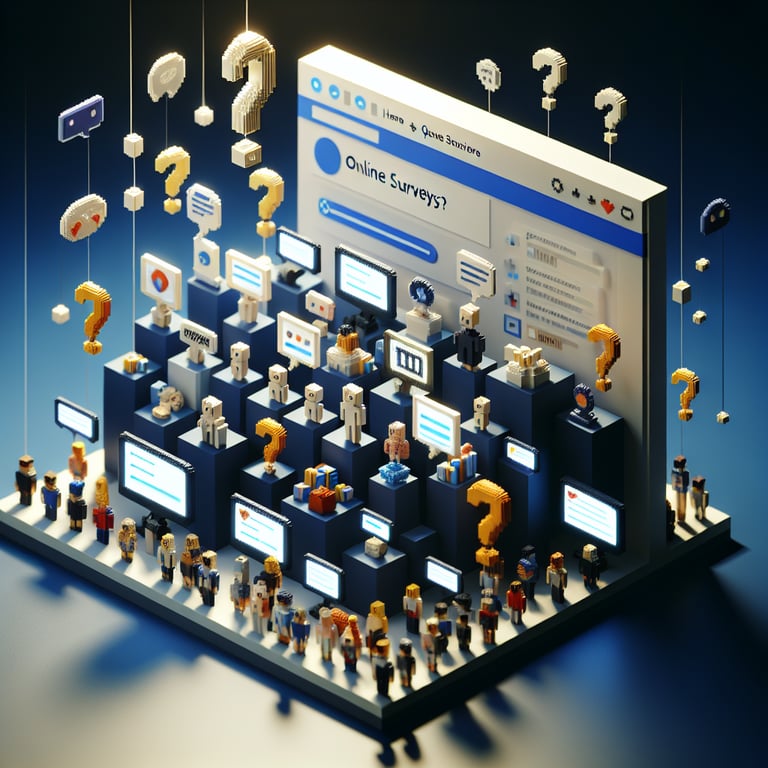 3D voxel art depicting the concept of online personal question surveys on a dark blue background.