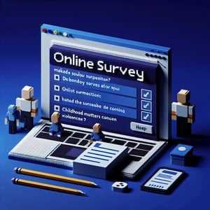 3D voxel art depicting online surveys on childhood questions concerning violence against a dark blue background.