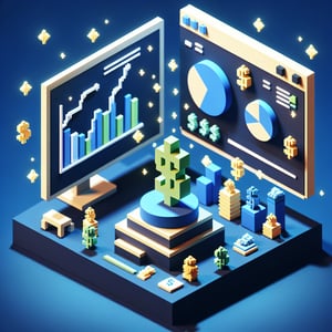3D voxel art illustrating online salary range survey process on a dark blue background.