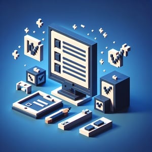 3D voxel art depicting online survey concept on a dark blue background for e recruitment.