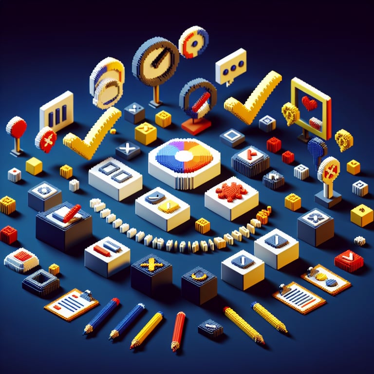 3D voxel art depicting online surveys, symbolizing basic marketing survey questions on a dark blue background.