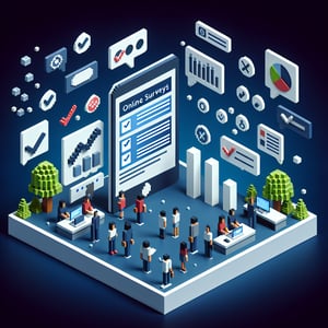 3D voxel art depicting the concept of online employee engagement surveys on a dark blue background.