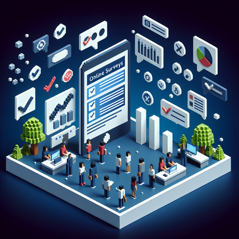 3D voxel art depicting the concept of online employee engagement surveys on a dark blue background.
