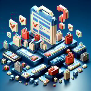 3D voxel art depicting online shopping frequency survey, set against a dark blue background.