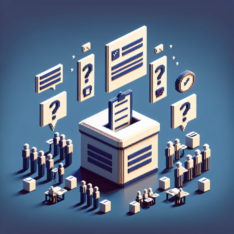 3D voxel art depicting online employee evaluation surveys on a dark blue background.