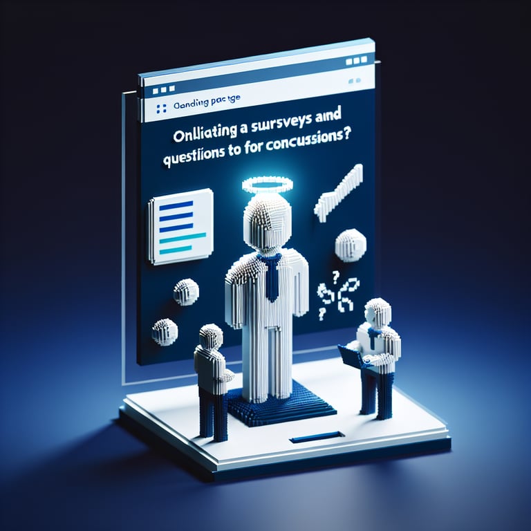 3D voxel art depicting online concussion survey concept on a dark blue background.