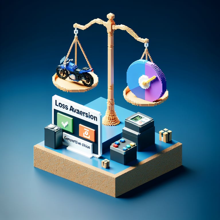 Artistic 3D voxel art showing risk-reward balance in a motorcycle loss aversion poll