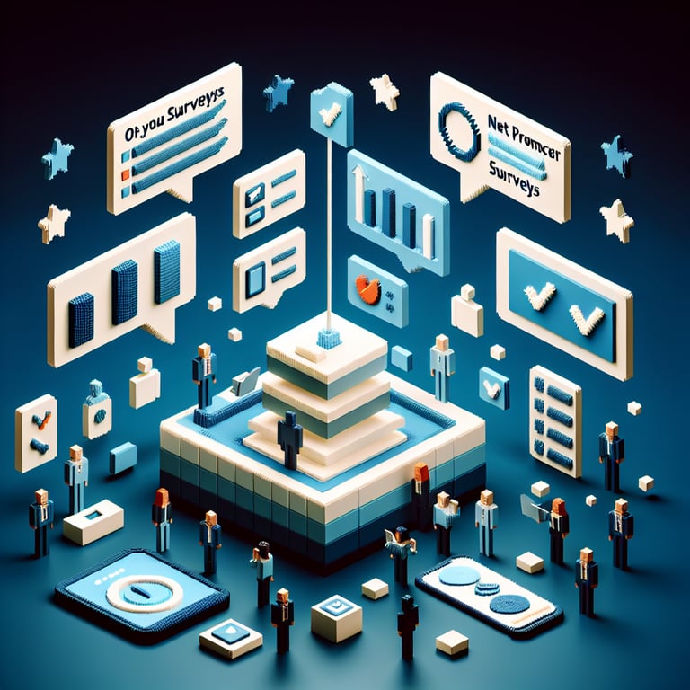 3D voxel art representation of online net promoter surveys on a dark blue background.