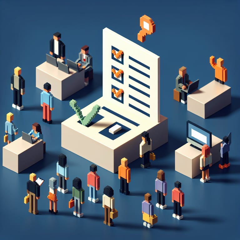 3D voxel art illustrating the concept of online gender bias surveys on a dark blue background.