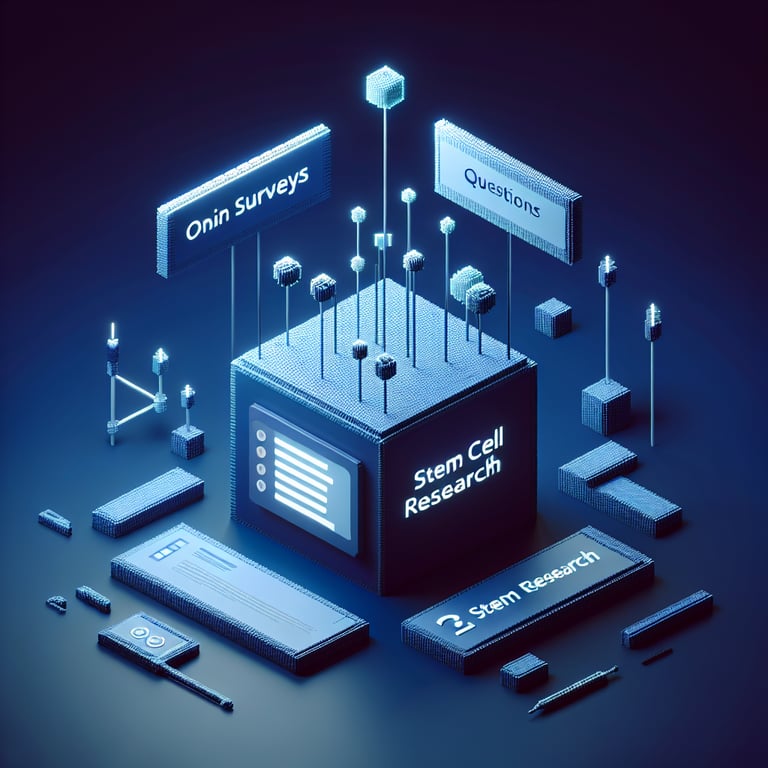 3D voxel art representing online stem cell research surveys on a dark blue background.