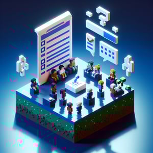 3D voxel art illustrating the concept of online fun surveys on a dark blue background.