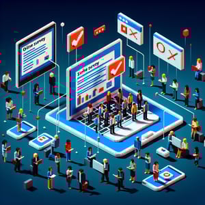 3D voxel art depicting online surveys, ideal for a landing page about 6-month employee surveys.