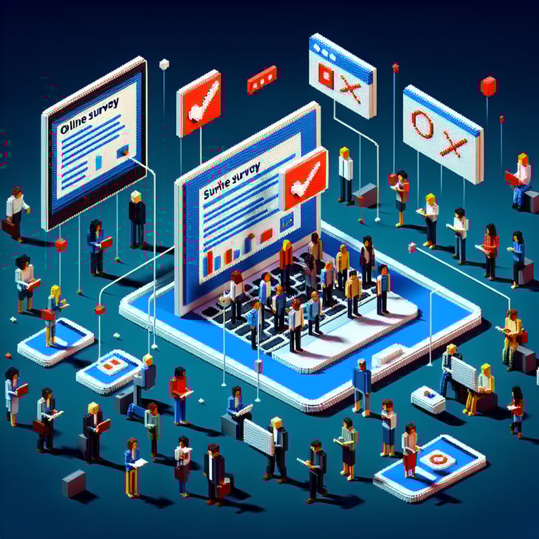 3D voxel art depicting online surveys, ideal for a landing page about 6-month employee surveys.