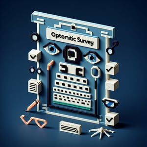 3D voxel art depicting the concept of online optometric surveys on a dark blue background.