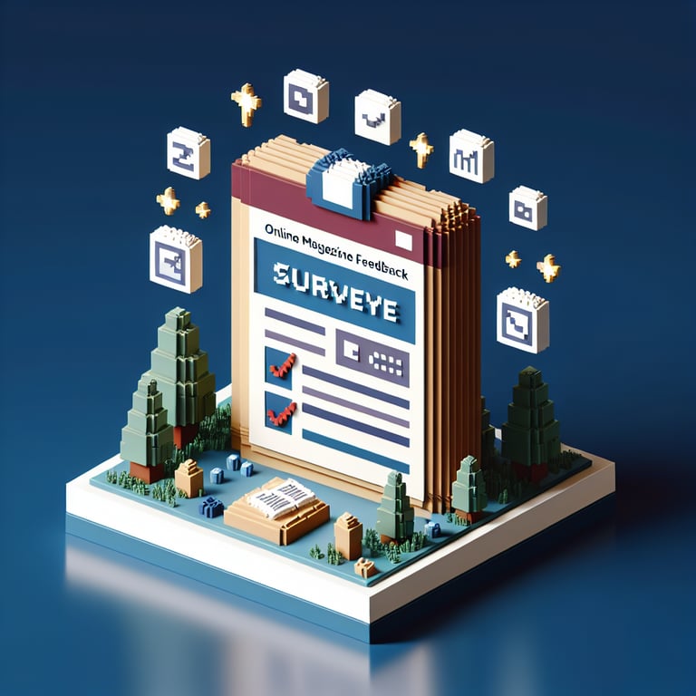 3D voxel art depicting online surveys, symbolizing magazine feedback survey questions with a dark blue background.