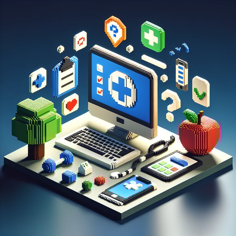 3D voxel art depicting online health surveys against a dark blue background.